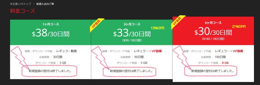 本生素人TVの月額課金・定額見放題の加入ページ｜全コース（1ヶ月コース・3ヶ月コース・6ヶ月コース）について新規・継続受付終了