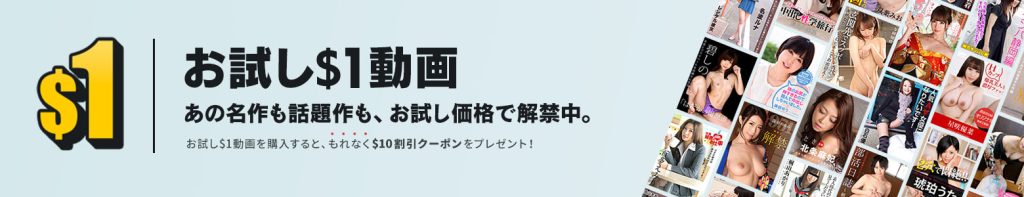 最安値！ もれなく10ドル割引クーポンがもらえるお試し1ドル動画の告知画像 | カリビアンコム（単品購入）「カリビアンコムプレミアム」